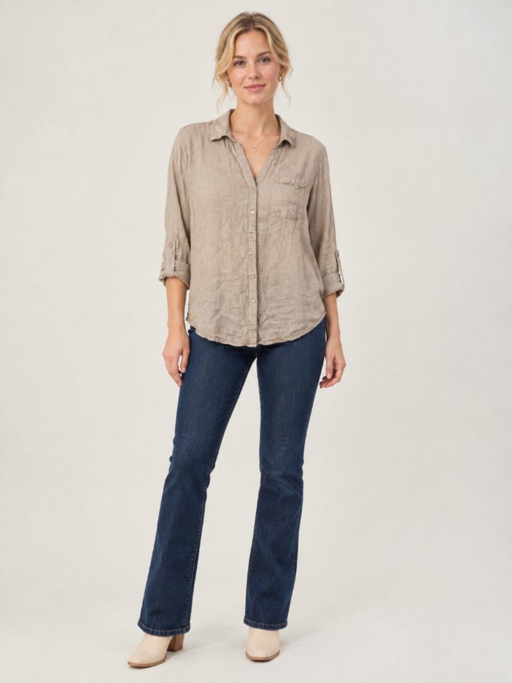 TAHARI Hemp Button-Down Shirt Beige Small #A4333